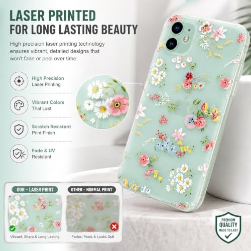Image of SQUIF for iPhone 11 Back Case Cover Soft Silicone Translucent Matte Floral Printed Camera Protection (White)