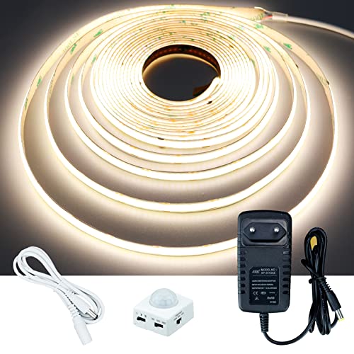 GOMING Détecteur de Mouvement COB Ruban à LED 5m Blanc Naturel 4000K Bande Lumineuse LED avec Adaptateur Secteur pour Armoires de Cuisine, Escalier, Vitrine, Chambre, Lit Cover