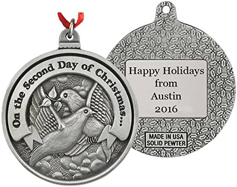 Indiana Metal Craft Second Day of Christmas Pewter Ornament – Personalized Christmas Ornament with Custom Engraving, 2.25 Inch Cast Pewter Holiday Keepsake with Red Ribbon and Gift Box, Made in USA