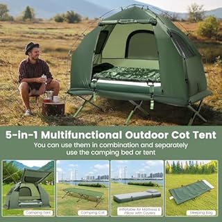 Goplus Camping Tent Cot, 5-in-1 Folding Camping Bed with Air Mattress, Pillow, Sleeping Bag, Waterproof Elevated Tent Shelter, Portable Outdoor Sleeping Cot with Carry Bag for Picnic, Trip (1-Person)