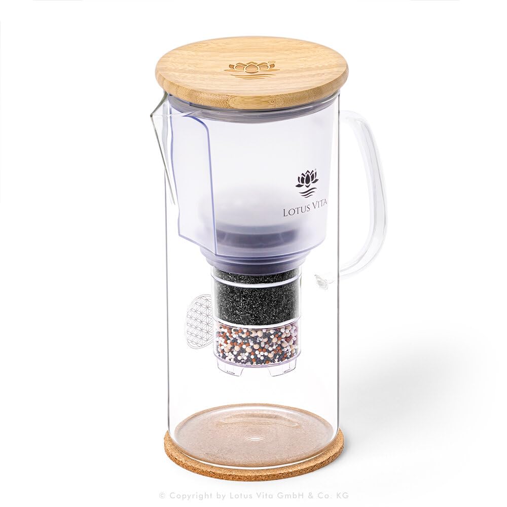 Lotus Vita ENYA Glas-Filterkanne mit Bambusdeckel (Blume des Lebens auf dem Glas)