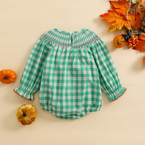 Toddler Baby Girl Halloween Romper Plaid Pumpkin Embroidery Long Puff Sleeve Smocked Romper Cotton Linen Bodysuit3