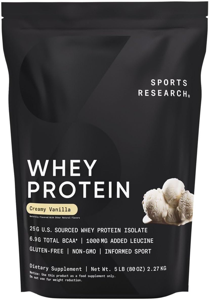 Sports Research Whey Protein Isolate - Sports Nutrition Protein Powder 25g per Serving - 5lb Bag Whey Protein - Vanilla Flavor - Bulk Protein Powder, 56 Servings