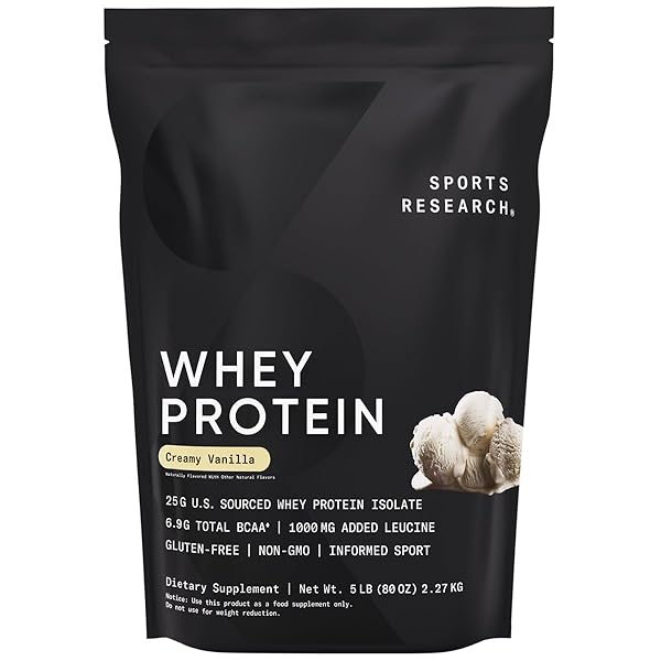 Sports Research Whey Protein - Sports Nutrition Whey Isolate Protein Powder for Lean Muscle Building & Workout Recovery - 5 lb Bag Bulk Protein Powder - Creamy Vanilla, 63 Servings