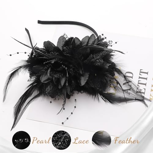 Image of DRESHOW Womens Fascinators Hats Tea Party Hats for Women Pearl Lace Feather Hat Vintage Derby Hats for Wedding Cocktail
