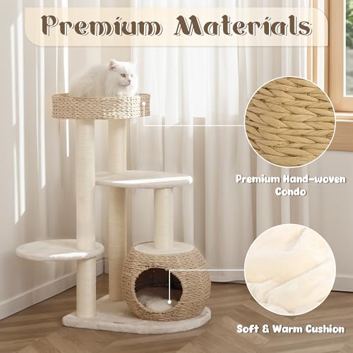 Image of KAMABOKO Modern Cat Tree, 39 inch Tall Cat Tree for Large Cats Cat Condo | Natural Sisal with Scratching Posts Indoor Cats, Hand-Woven Tower & Top Perch, Cat-Tree for Kittens Climb Play & Rest