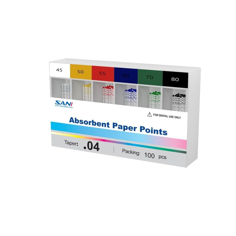 Punte di Carta Assorbenti Endodontiche SANI ISO – Taper 02/04 / 06 – Sterili, Alta Assorbenza, Con Marcatura Lunghezza – 200 pz (02) / 100 pz (04, 06) (40.04-100 pezzi)