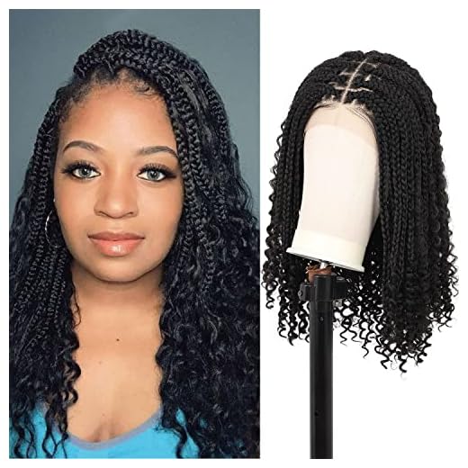 Kalyss 18 Inch 4x6 Lace Front Knotless Box Braided Wigs with Baby Hair for Black Women Short Braided Wigs with Boho Curly Synthetic Lace Frontal Black Hand-Braided Braid Hair Wigs