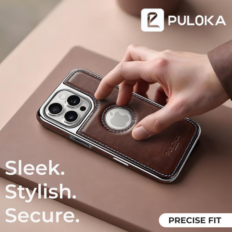 Image of PULOKA Chrome Leather Back Case - Compatible with iPhone 16 Pro - Luxury Bumper Case - Flexible Vegan Leather - Electroplated Sides & Logocut - Full Camera Protetection & Raised Edges - Brown