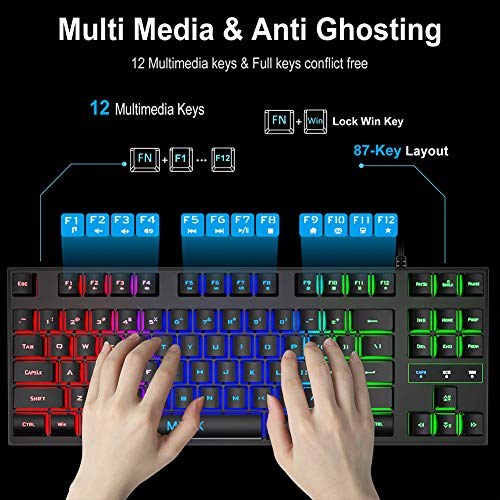 MFTEK RGB Rainbow Gaming Keyboard and Mouse Combo, Compact 87 Keys Backlit Computer Keyboard with Gaming Mouse, USB Wired Set for PC Gamer Laptop Work