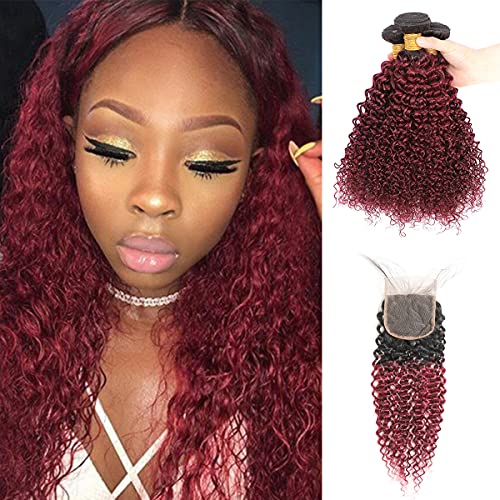 Two Tone Ombre Burgundy Kinky Curly Bundles with Closure 1B/Burgundy Kinky Curly Closure with Bundles Super Soft Human Hair Weave 16 18 20 with 14