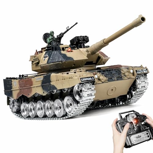 AoreSpty Char Télécommandé Leopard 2A 1:18 42.5cm Chenilles Métal – Fumée Son 2.4GHz Rotation 360° | Tank RC Militaire Jouet Combat Cadeau Garçon 8 Ans