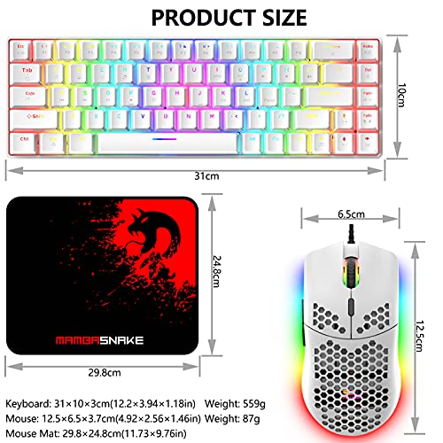 RGB Gaming Tastatur und Maus Set, 68 Tasten Blauer Schalter 60% Mini Chroma Mechanische Tastatur, 6400DPI Leichte Optische Waben Maus, USB-Kabel, Kompatibel mit Windows Mac PS4 Xbox, Weiß - Image 7