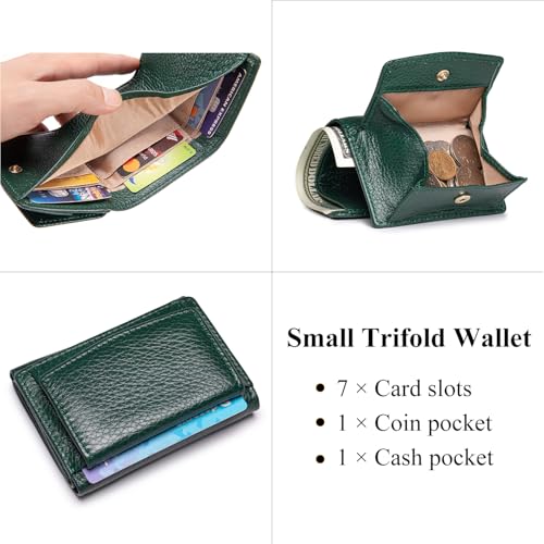 Image of Small Wallet Women Genuine Leather RFID Blocking Trifold Tiny Wallets with Snap Coin Pouch 7 Card Solts