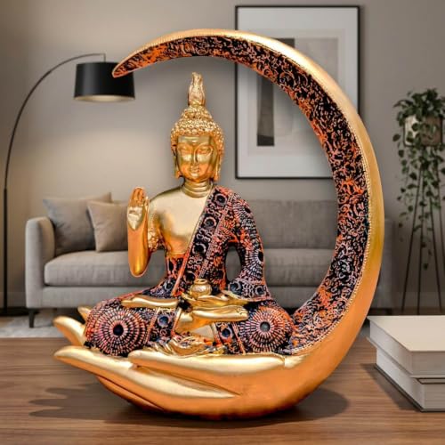 Image of Antique Big Meditating Moon Buddha Statue Showpiece for Home Decor - Living Room - House Warming - Office - Gifting - Buddha Idol Polyresin Decorative Figurine (9 Inch / 23 cm, Multicolor)