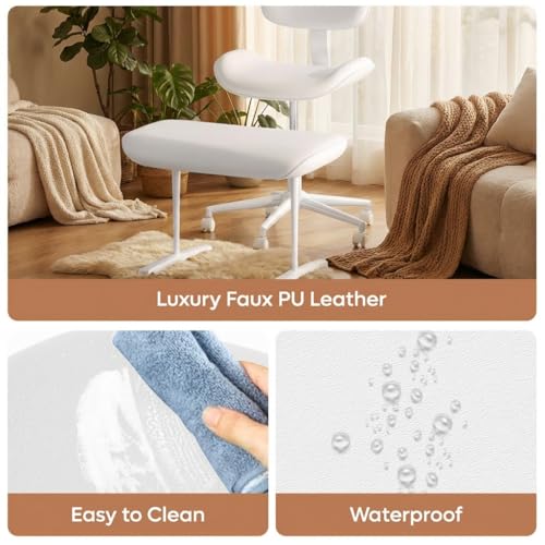 Image of Pinmoco Ergonomic Cross Legged Chair with Wheels - Adjustable Height Meditation & Yoga Chair for ADHD, Wide Criss Cross Design with Lumbar Support, PU Leather, White