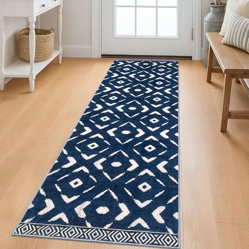 KILOCOCO Kitchen Runner Rug 2x6 Washable Runner Rug Soft Hallway Runners Non Slip Printed Distressed Laundry Room Rugs, Low-Pile Runners for Entryway Bedroom Living Room, Blue