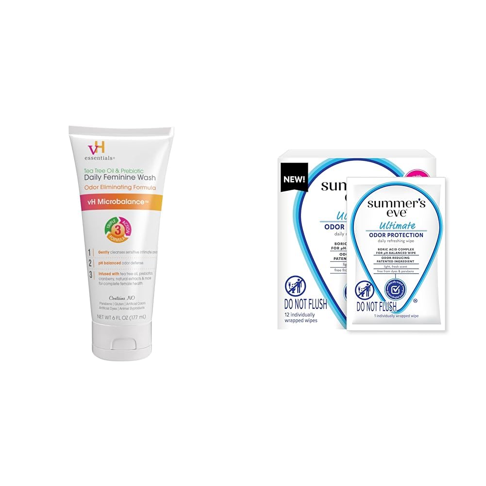 vH essentialsTea Tree Oil Feminine Wash & Summer's Eve Ultimate Odor Control Feminine Wipes, Pack Of 1 & 12 Count
