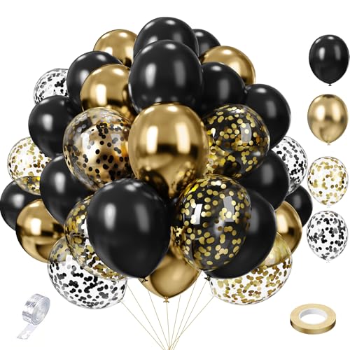 Ballons d'anniversaire Noirs et Dorés 65 pcs 30 cm x 12 cm SKYIOL Ballons en latex dorés avec confettis dorés, ballons métalliques avec guirlande et...