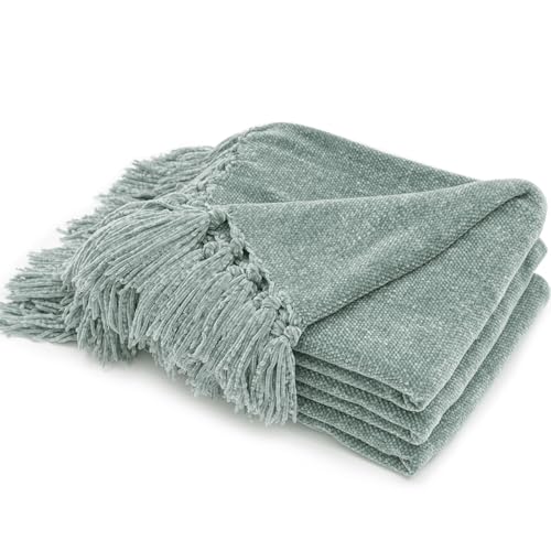 RECYCO Manta de Chenilla con Borla 127 X 152cm, Mantón de Cama, Manta con Flecos Suave y Acogedora, para Sofá, Silla, Cama, Colcha Mullida con Oeko-Tex, Color Verde Claro