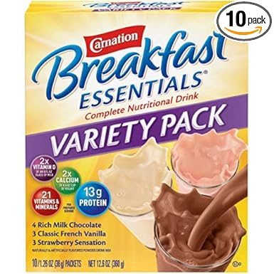 Nestle Carnation Breakfast Essentials Complete Nutritional Drink Rich Milk Chocolate/Classic French Vanilla/Strawberry Sensation Flavor 10 Ct