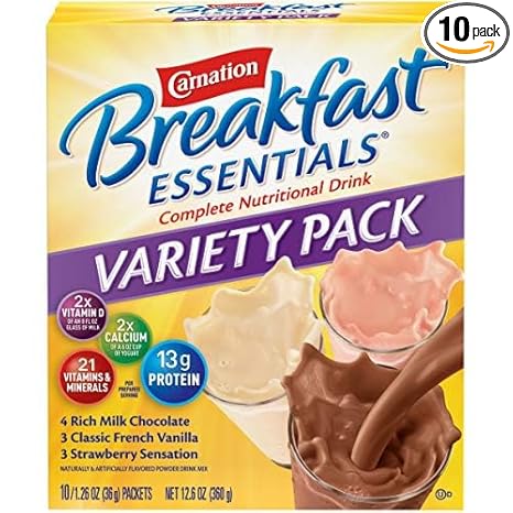 Nestle Carnation Breakfast Essentials Complete Nutritional Drink Rich Milk Chocolate/Classic French Vanilla/Strawberry Sensation Flavor 10 Ct