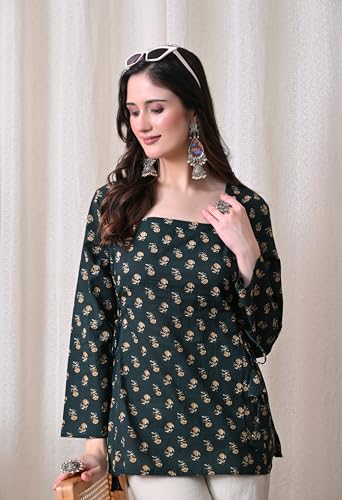 Image of MEERA FAB Women's Floral Printed Cotton Short Kurta Square Neck | Floral Printed Kurta with Full Sleeves | Short Kurti for Women