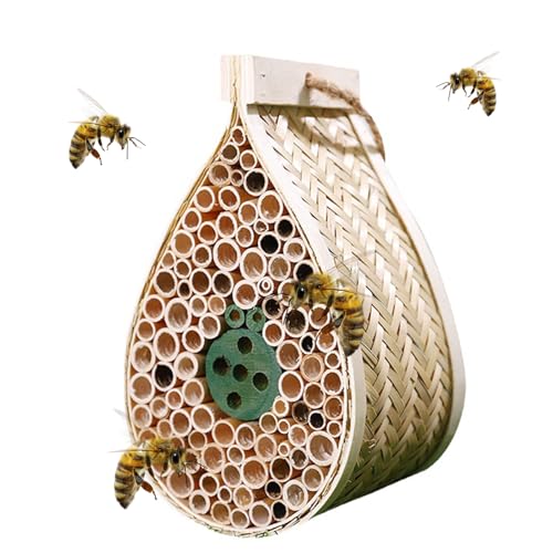 Mason Bee House, Pollinating Palace，Hanging Wooden bee House Habitat with Bamboo Tubes for The Garden and Yard Bee Hotel for Pollinators