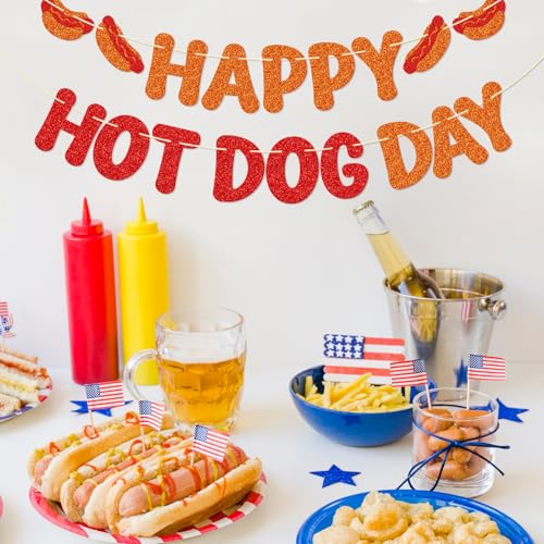 Image of Hot Dog Day Banner, Summer Barbecue Party Decorations | Summer BBQ & Cookout Party Sign, National Hot Dog Day Decorations, Pre-Strung Food Theme Party Decor