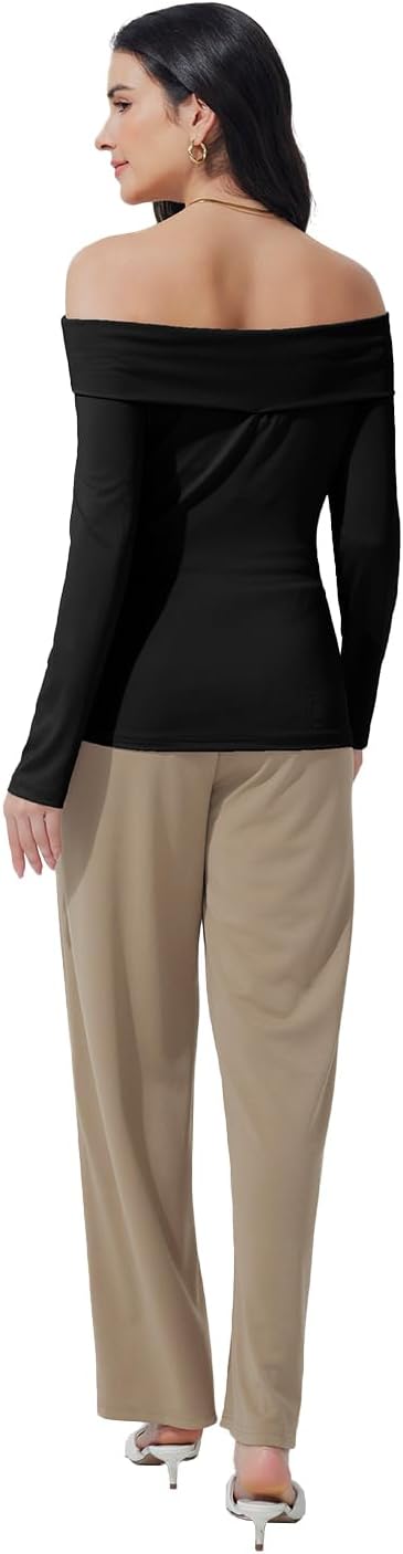 FASHIONSPARK Women’s Off Shoulder Long Sleeve Top, Elegant Asymmetrical Neck Ruched Blouse with Metal Accent - Image 2