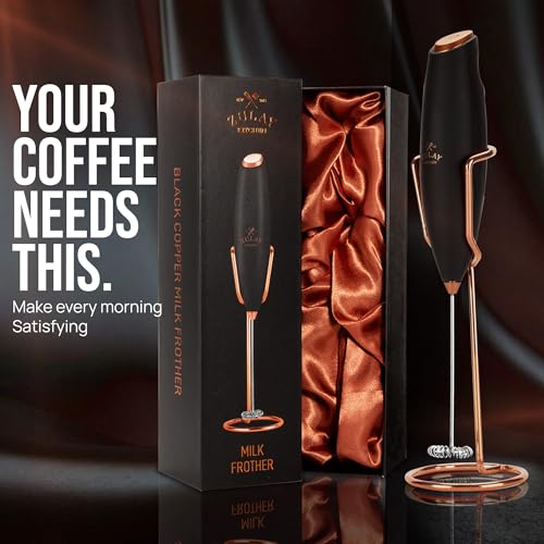 Image of Zulay Kitchen Powerful Milk Frother Wand With Duracell Batteries - Ultra Fast Handheld Drink Mixer - Electric Whisk Foam Maker for Coffee, Lattes, Cappuccino & Matcha - Z1 Motor - Exec Black Copper