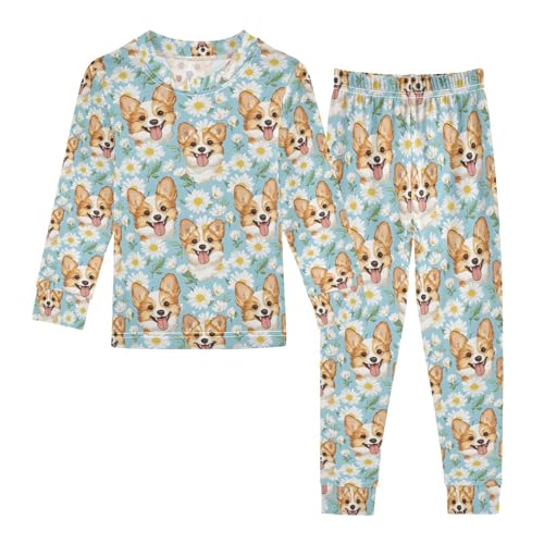 ALAZA Cute Blue Daisy Dog Pajamas Long Sleeve Sleepwear 2-Piece Pajama Set