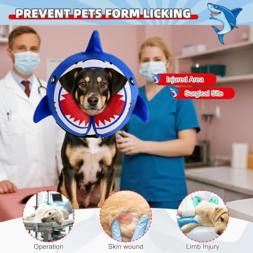 Image of KOOLTAIL Inflatable Dog Cone Collar, Soft Donut E Collar for Dogs After Surgery to Stop Licking Enhanced Alternative, Blow Up Pet Neck Pillow Recovery Adjustable Cone for Dog Cat, Shark L