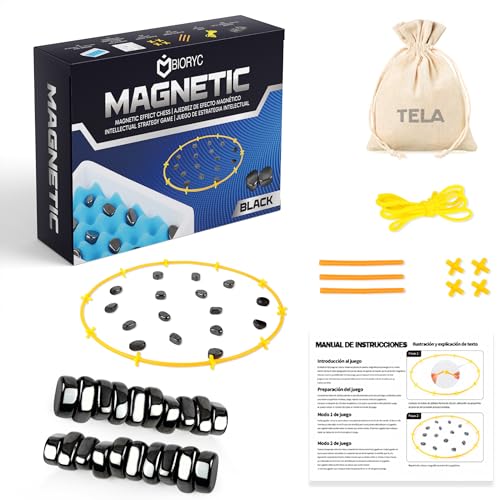 BIORYC ® Ajedrez Magnético Negro (20 imanes) + Bolsa de Transporte de Tela de Regalo. Juego de Imanes + Varillas + Enlaces + Tablero de Esponja. Juegos de Mesa. Regalos Orginales Navidad 2025