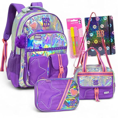 Kit Escolar Rebecca Bonbon 2026 – Mochila Grande Holográfica de Costas 44cm + Lancheira Térmica + Estojo 100 Pens + Caderneta + Marca Texto – Kit Volta às Aulas Feminino Infantil Juvenil (Lilás)