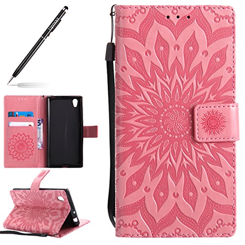 Uposao Coque Sony Xperia L1 Housse en PU Pochette Portefeuille Cuir Coque Protection Etui Flip Cover Clapet Complet Coque a Rabat 3D Mandala Motif Portable Housse Coquille pour Sony Xperia L1,Rose