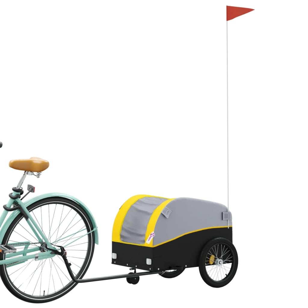 Remolque de bicicleta plegable de hierro negro y amarillo con capacidad de carga de 30 kg, con enganche y bandera de seguridad para transportar equipaje, perro, niño, camping, ciudad y al aire libre
