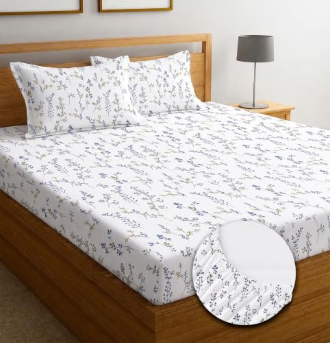 Image of IVAZA Ezyption Cotton Super Soft 240 TC Elastic Fitted All Around Elastic Printed King Size Double Bed Bedsheet with 2 Pillow Cover 72 inch X 78 inch3 Denim Blue