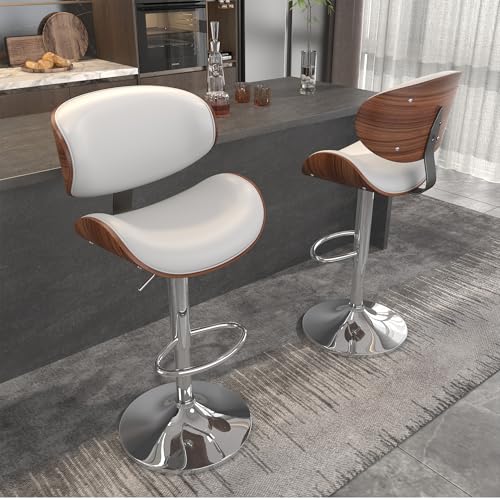Butacos de Barra YaFiti, Juego de 3 Butacos con Espalda Curvada y Asiento de Cuero Sintético, Giratorios para Isla de Cocina, Bar o Comedor, Color Blanco Marfil miniatura 7