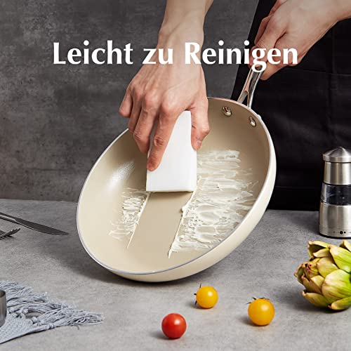 Foto von ROCKURWOK Keramik Pfannenset, 3-teilig Antihaft Bratpfannen 20/26/30 cm für alle Herdarten, Keramikpfanne PTFE-frei PFAS-frei PFOA-frei, Induktionsgeeignet, Spülmaschinenfest (beige)