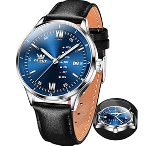 OLEVS Leather Watches for Men Dress Analog Quartz Wrist Simple Style Face Mens Watches with Date Easy Reader Arabic Numerals Waterproof Luminous White/Black/Blue Large Dial Montres Pour Hommes
