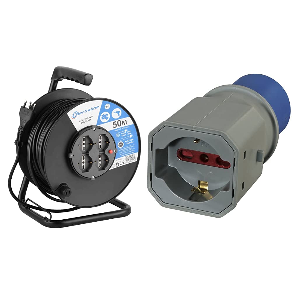 Electraline 49028 Prolunga Elettrica Con Avvolgicavo, 50 M, 4 Prese Polivalenti Spina Grande 16A & 80863 Adattatore Spina A 3 Poli Industriale Cee Presa Polivalente Adatto Per Camper, Campeggio