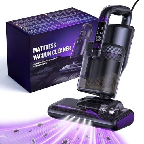 Aspirateur Matelas Aspirateur Anti Acariens 14000Pa, Aspirateur à Main avec Lumière UV-C,Air Chaud,Ultrasons&Filtre HEPA pour Matelas, Lit, Canapé,...