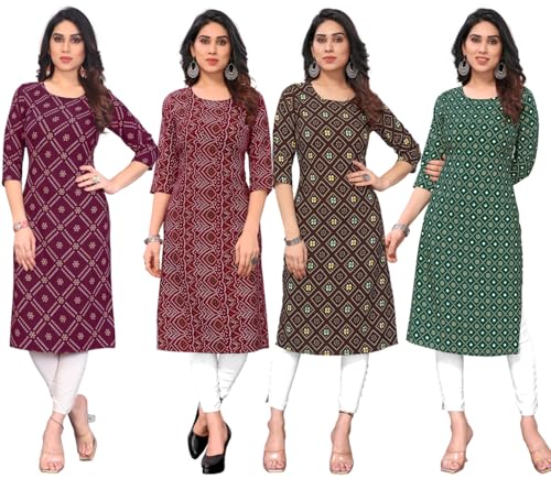 Image of JAKHANA Women's Crepe Printed Casual Straight Calf Length Round Nick Kurta Pack of 4