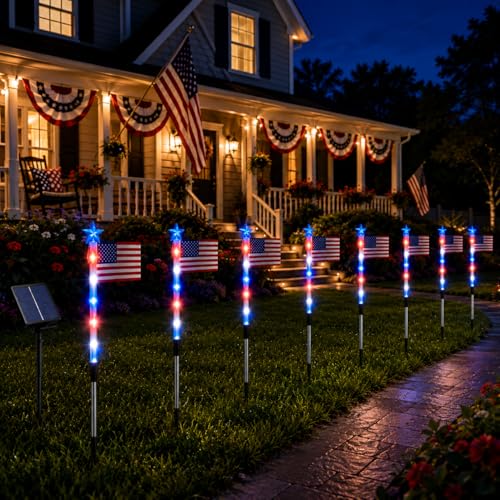 8PC 4th of July Decorations Outdoor, Solar American Flag Stake Pathway Pole Lights, Patriotic Red White and Blue LED Lights, Perfect for Memorial Day and 250th Anniversary Lawn Decorations