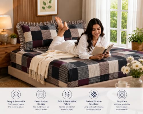 Image of Fitted Bedsheet Queen Size 300 TC Soft Cotton Feel Microfiber All Around Elastic Fitted Double Bedsheet with 2 Frill Pillow Covers | Size (60x78) Purple Box