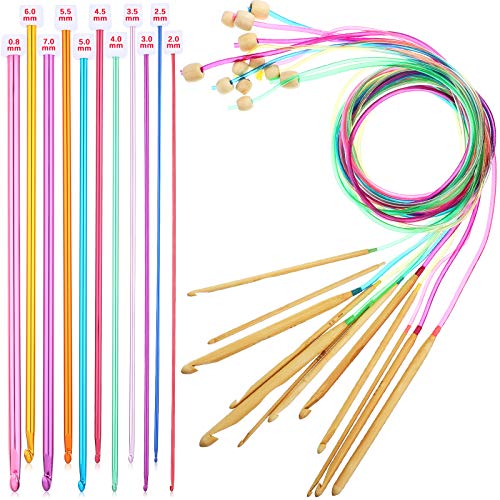 23 Pieces Tunisian Crochet Hooks Set 3-10 mm Cable Bamboo Knitting Needle with Bead Carbonized Bamboo Needle Hook 2-8 mm Assorted Color Tunisian Afghan Aluminum Crochet Hooks (Colorful Cable)