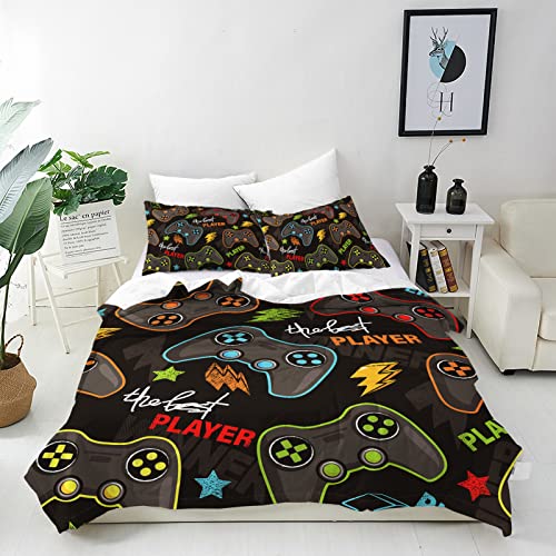 ANHOPE Gamer Duvet Cover Set Soft Lightweight 3 Piece Bedding Set including 2 Pillowcase Video Game Gamepad Controller Print Pattern Kids Boys Girls Teens Gaming Quilt Cover with Zipper Single