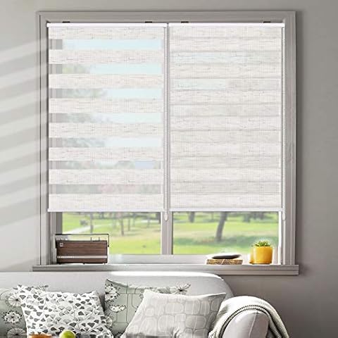 SUAKY Zebra Roller Sheer Shades Blinds, Hemp White Custom Free Stop Dual Layer Window Shades with Valance, Sheer or Privacy Light Control, Day and Night Blinds for Windows, Doors, French Doors Cover