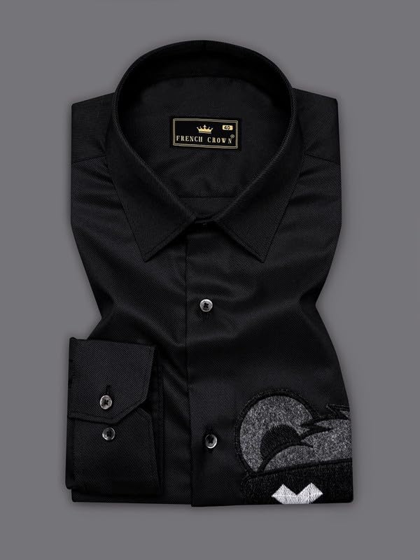 Image of FRENCH CROWN Men's Black Pure Cotton Regular Fit Casual Embroidered Shirt